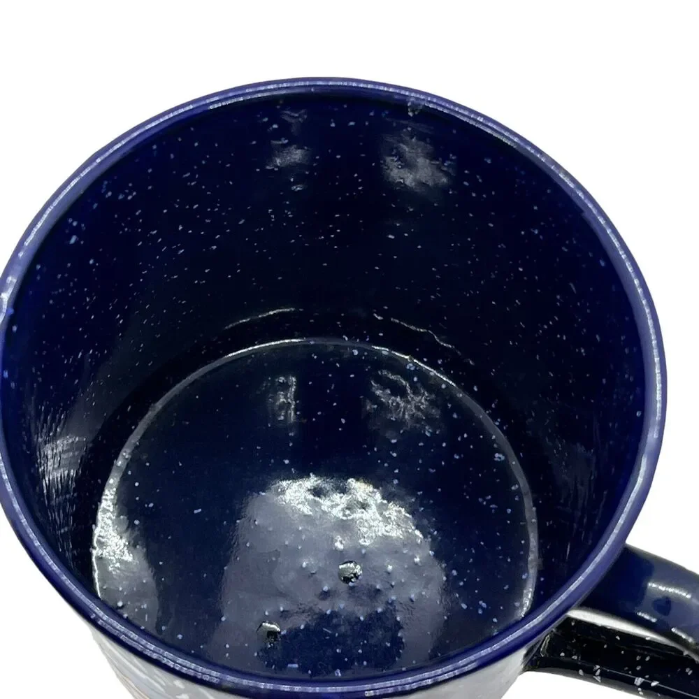 Coffee Mug Blue Speckled Enamel Graniteware Man BBQ Cooking Brick Oven Decor